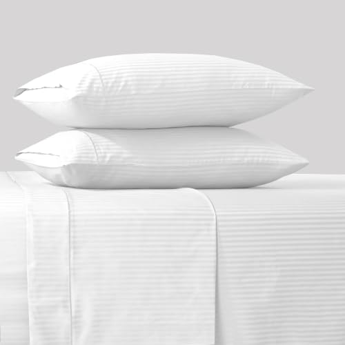 White Stripe King Size Cotton Sateen Bed Sheet Set - 500 TC, 4-Piece