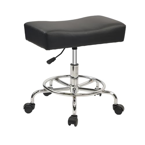 Heavy Duty Extra Wide Rolling Stool PU Leather Thickened Seat Cushion with Foot Rest Adjustable Height Swivel with Wheels for Spa Salon Tattoo Work Massage Barstool, Black, 1 Pack