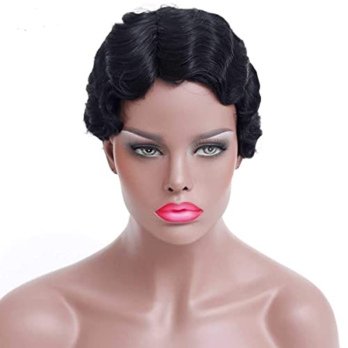 Women's Short Wavy Wig - Black Curly Human Hair 2# - Retro Natural Look