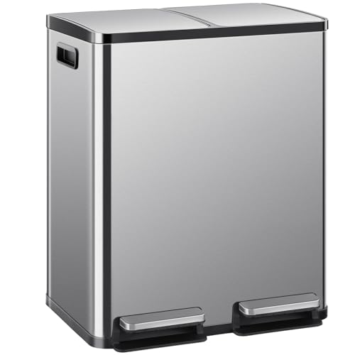 DUMOS Kitchen Trash Can, 2x8-Gallon Dual Can with Lid, Stainless