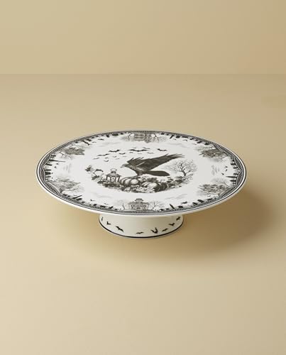 Haunted Village Cake Plate - Halloween Porcelain Serving Dish with Raven Design - Variation of THIS listing