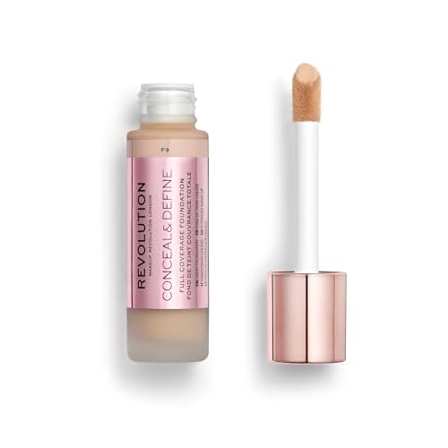 Revolution Beauty London, Conceal & Define Foundation, Full Coverage, Long-Lasting Matte Finish, Vegan & Cruelty-Free, F9 Medium Skin Tones, 0.8 fl oz