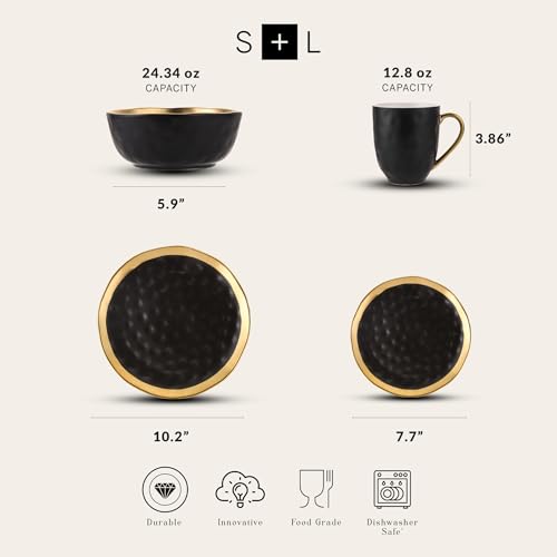 Stone Lain Florian 16-Piece Black Porcelain Dinnerware Set with Gold Rim for 4 - Modern & Elegant