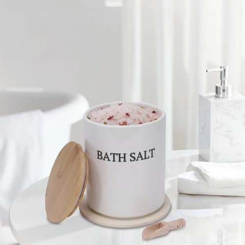 M-White 64oz Airtight Ceramic Bath Salt Jar Set with Wooden Lid & Scoop