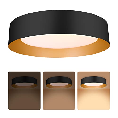 16.5-Inch Matte Black Flush Mount Ceiling Light with Gold Interior - Modern Minimalist Design
