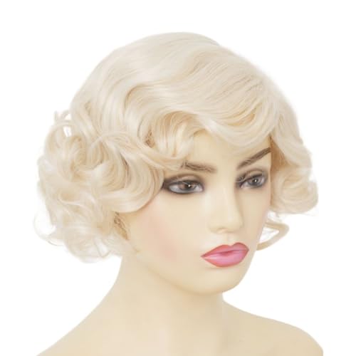 Dai Cloud Short Blonde Finger Wave Wig for Women - 1920s Curly Synthetic Heat-Resistant, Side Part, Rose Mesh Cap