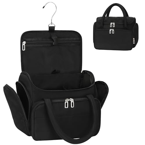 Hanging Toiletry Bag for Women - Travel Makeup Organizer with Brush Compartment, Portable Toiletry Bag with Removable Dividers for Full-size Container, Lightweight Cosmetic Case for Trip - Black