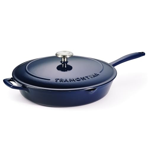 12-Inch Enameled Cast Iron Skillet with Lid - Blue, Durable Nonstick Surface