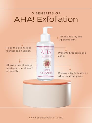 Nonie AHA All-Natural Skin Cleanser – Vegan, 100% Natural Makeup Remover & Exfoliating Pore Care 7 oz