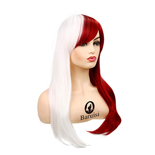 Anime Cosplay Wig for Women White & Red Synthetic Halloween Hair, Long Straight Style