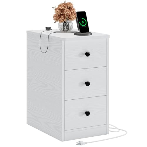 White Nightstand with Charging Station, 3 Drawers Modern Bedroom Side Table