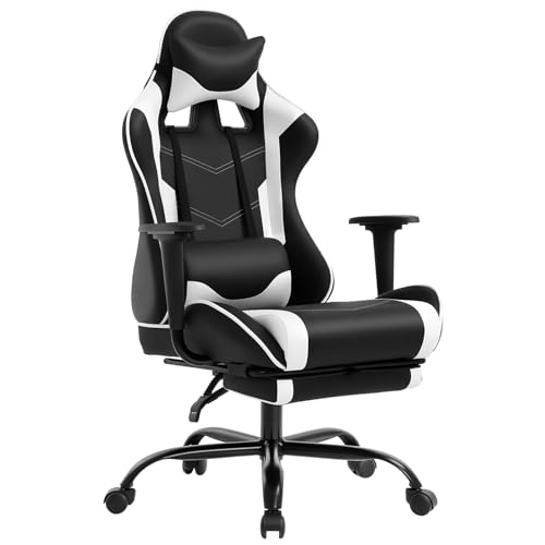 White Ergonomic Gaming Chair with Recline & Footrest - BestOffice