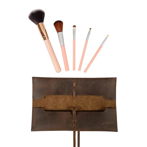 Heather's Rectangular Makeup Brush Organizer, Bourbon Brown Leather, Handmade, Drawstring Closure