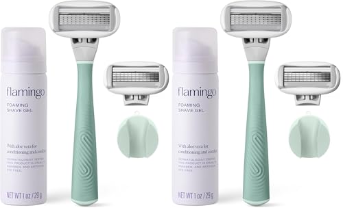 Salvia Flamingo 5-Blade Razor Kit for Women with Handle, Gel & Holder - Pack of 2