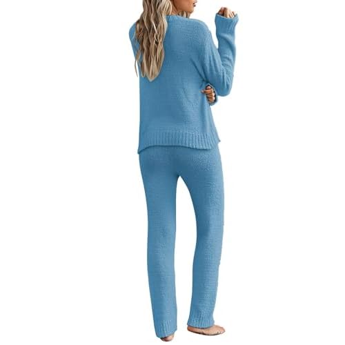 luvamia Women's Casual Pajama Set Fuzzy Fleece Knitted Long Sleeve Pj Loungewear