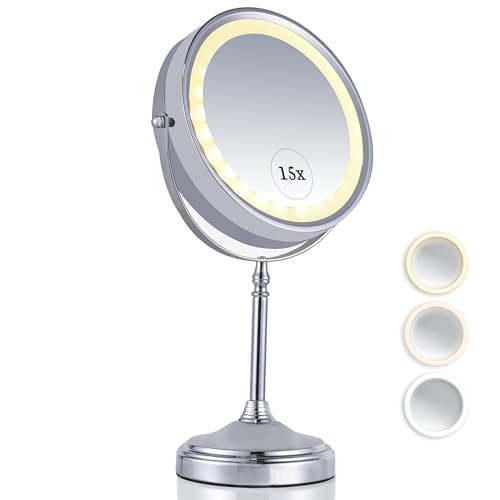 Super Zoom 15X Magnifying Makeup Mirror with Lights - 15X & 1X Make Up Vanity Mirror with 3 Lighting Modes, Rechargeable Battery with USB Cable - 8" Wide & 15" Tall (Chrome)