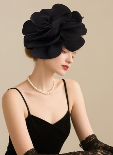 Black Large Flower Fascinator Headband for Weddings & Events - Elegant Tea Party Hat