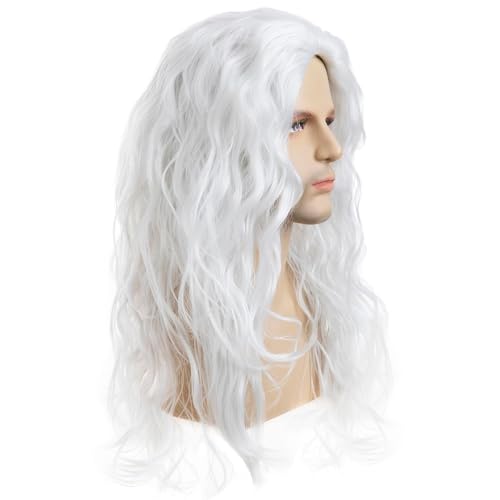 White Long Curly Wavy Costume Wig - Heat Resistant Synthetic Hair for Men & Women - Sallcks