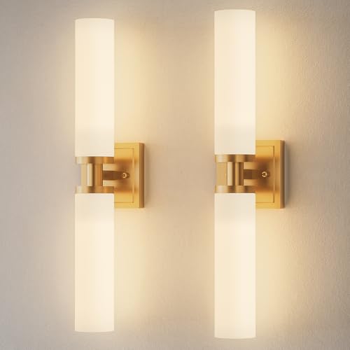 Gold Wall Sconces Set of Two - 22 Inch Modern Vanity Lights with Frosted Glass Shades