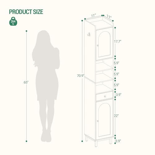 White Tall Bathroom Cabinet with Adjustable Shelves & Drawer - 11"D x 11"W x 70.9"H