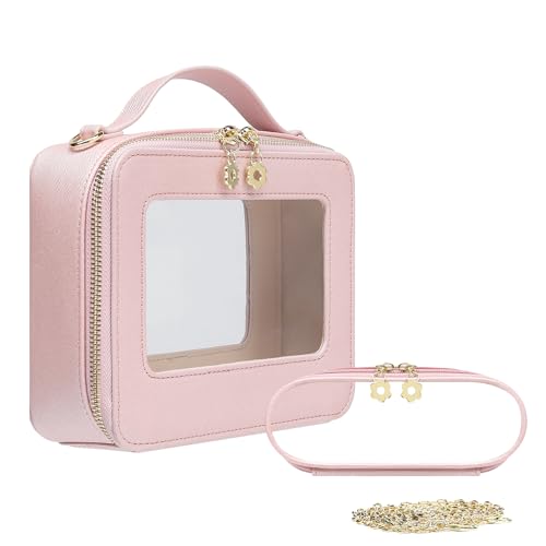 Waterproof Cosmetic Bag with Makeup Brush Bag, Leather Travel Makeup Bag with handle, Crossbody Shoulder Bag with metal detachable shoulder strap for Women (pearl pink)