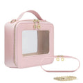 Waterproof Cosmetic Bag with Makeup Brush Bag, Leather Travel Makeup Bag with handle, Crossbody Shoulder Bag with metal detachable shoulder strap for Women (pearl pink)