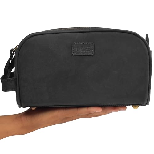 mds Genuine Leather Toiletry Bag for Men - Unisex Rustic Classic Vintage Handcrafted Full-Grain Leather Travel Dopp Kit with Waterproof Lining & Handle, Shaving & Grooming Kit Organizer Pouch - Black
