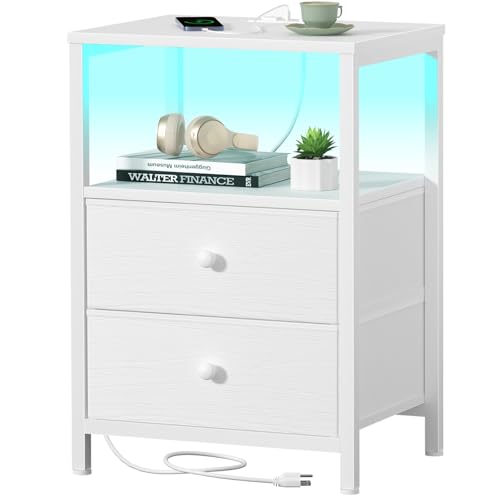 White Nightstand with Charging Station, LED Lights & Fabric Drawers
