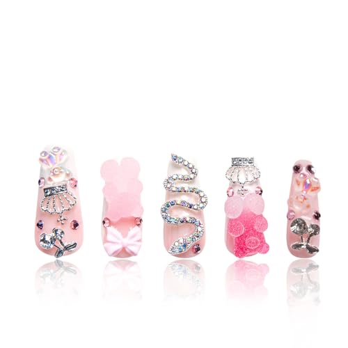 LOVFUL Press on Nails Marshmallo Gummy Bear Square | Handmade with Full Covered Crystals | Reusable Fake Nails | Coffin Classic Regular 1.3 in | H26-M