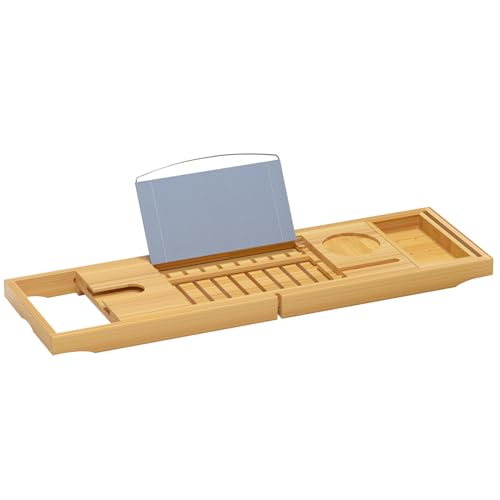 Luxury Bamboo Bathtub Caddy Tray with Book & Wine Holder - Waterproof Spa Accessory