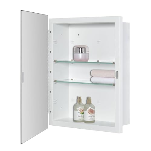 Matt White Bathroom Medicine Cabinet 14x18 Inch Beveled Edge Mirror Recessed or Surface Mount with Adjustable Shelves