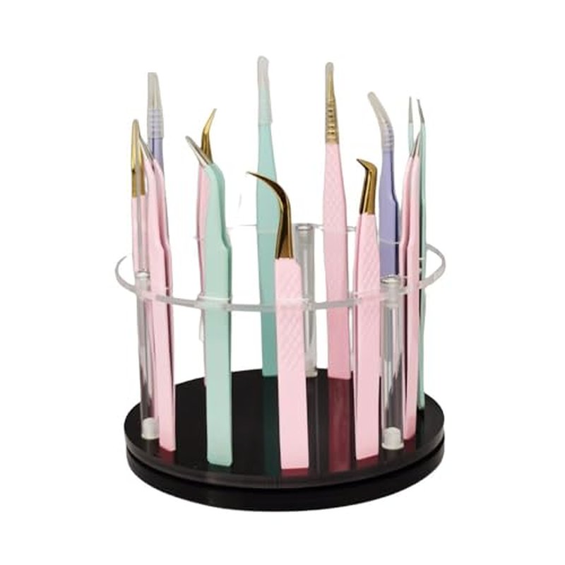 12 Holes Acrylic Rotatable Tweezers Holder, Eyelash Makeup Grafting Tweezer Display Stand Extensions Organizer Training Rack Beauty Tools (Black)
