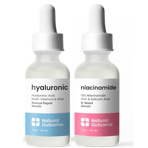Natural Outcome Hydrating Hyaluronic Acid Serum and 10% Niacinamide Face Serum - Lightweight Anti Aging Facial Serum Set 1 oz Each, Vegan, Cruelty Free & Fragrance Free