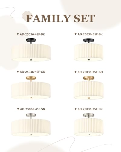18-Inch Gold Semi Flush Mount Ceiling Light with Pleated Fabric Shade - Audickic