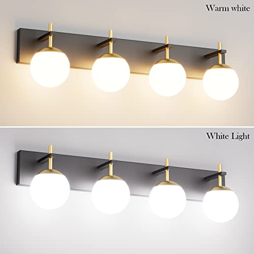 Mid Century Modern Vanity Lights - 4-Light Milky Glass Globe Wall Fixture - Black & Gold, 30 Inch