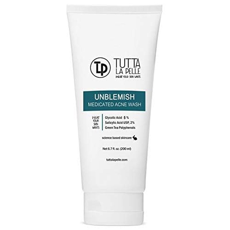 Exfoliating Face Wash Glycolic Acid 5% Salicylic Acid 2% - Medicated Unblemish Cleanser AHA BHA Acne Wash, Calming Green Tea, Helps for Acne, Oiliness, Blackheads, Cystic Acne, Whiteheads 6.7 Fl Oz