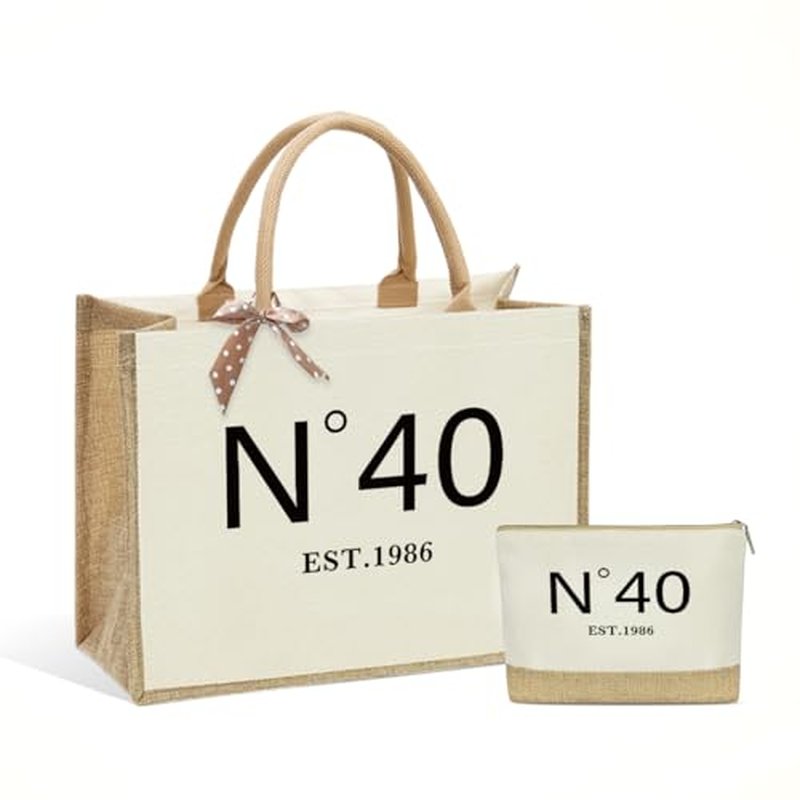 KongMoTree Birthday Gifts for Women Her, Birthday Bag, Reusable Vintage Jute Tote Bag and Makeup Bags With Zipper