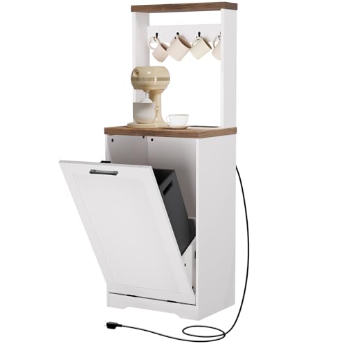 YATINEY White 10 Gallon Tilt-Out Trash Can Cabinet with Charging Station