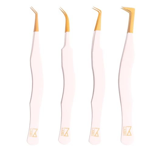 M LASH Eyelash Tweezers for Eyelash Extensions (Set of 4) - Professional Lash Extension Tweezers - Fiber Tip Lash Tweezers, Japanese Steel, Diamond Grip For Flawless Application (White)