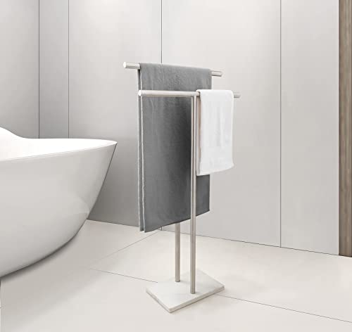 Standing Towel Rack 40 Inch Double-T Shape with Marble Base - Brushed Nickel