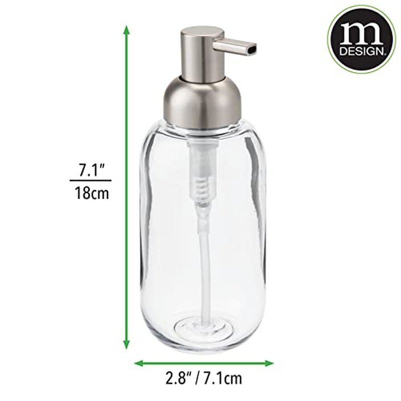 mDesign Round Plastic Refillable Liquid Soap Dispenser Pump Bottle for Bathroom Vanity Countertop, Kitchen Sink - Holds Hand Soap, Dish Soap, Hand Sanitizer, Essential Oils - 2 Pack - Clear/Brushed