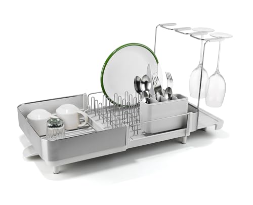 Joseph Joseph Steel Plus Extendable Dish Rack - Small to Large with Wine Glass Holder & Drain Spout - Light Stone Variation