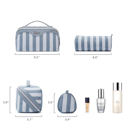 BOYATU Travel Makeup Bag Cosmetic Bag for Women: 3 Pcs Set Make up Bag with Compartments - Waterproof Vegan Leather Toiletry Bags with Handle - Makeup Organizer for Travel Essentials(A-1-Blue)