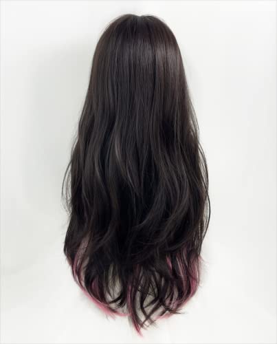 Colorful Long Wavy Synthetic Wig for Women with Bangs - Black, Brown & Pink