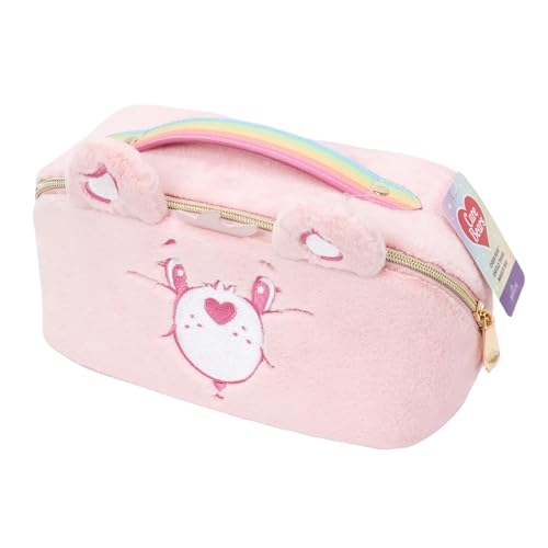 Impressions Vanity Care Bears Cheer Bear Unfold Travel Makeup Bag Organizer, Opens Flat Zippered Cosmetic Bag with Cozy Teddy Fur, Artwork Lined Interior, 3 Inner Pockets, and Top Handle in Rainbow