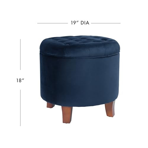 HomePop 19-Inch Velvet Button Tufted Round Storage Ottoman - Navy Blue