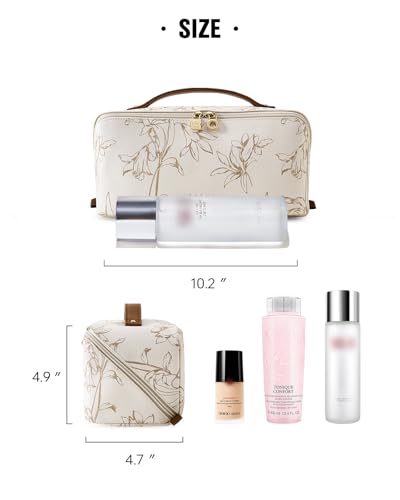EACHY Travel Makeup Bag - Floral Cosmetic Organizer for Women, Beige, Large, AB-Beige