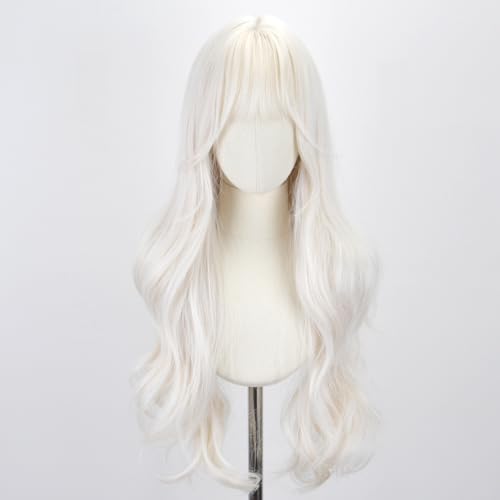 White Wigs for Women - 26 Inch Long Wavy Synthetic Wig with Bangs - Cosplay, Halloween, Daily Use - Variation: White