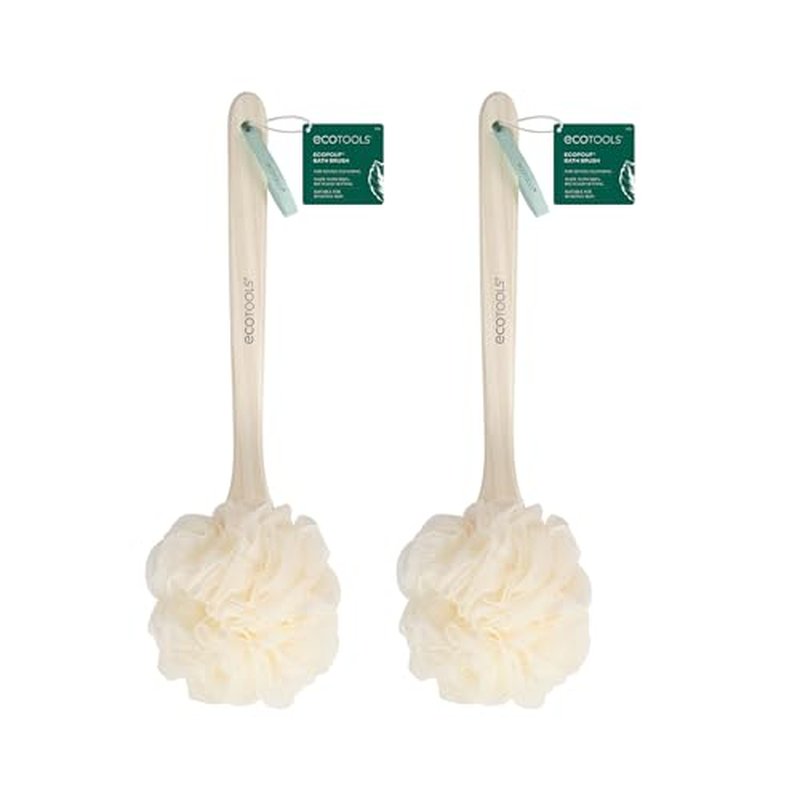 EcoTools EcoPouf Bath Brush, Loofah Brush For Bath & Shower, Made With Long Handle & Recycled, Soft Netting For Gentle Exfoliation, Back Brush For Men & Women, Eco-Friendly & Cruelty-Free, 2 Count