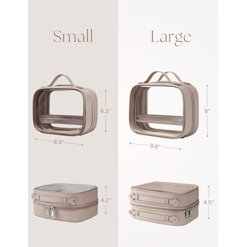 Clear Cosmetic Bag Double Layer 4 Compartments Travel Toiletry Bag Clear Makeup Bag Case with Zipper Transparent Travel Bag for Toiletries, Gift for Women Girls (Taupe, Small)